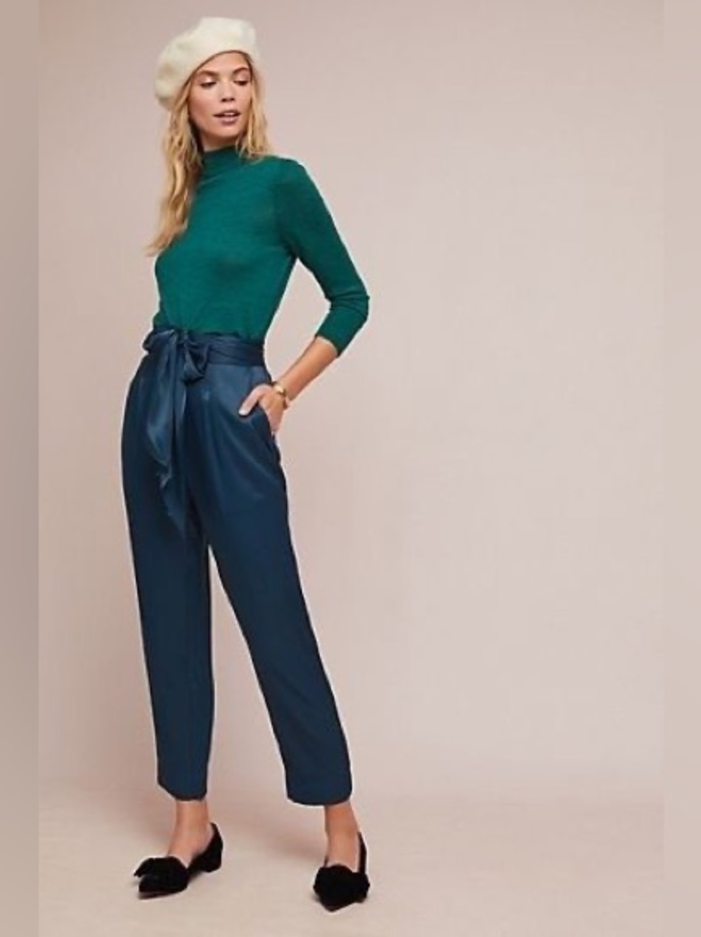 ANTHROPOLOGIE ETT:TWA Satin Drape Pleated Pant Teal Blue Belted Tapered